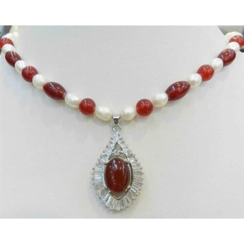 Natural White Pearl & Red stone Necklace Egg-shaped Pendant