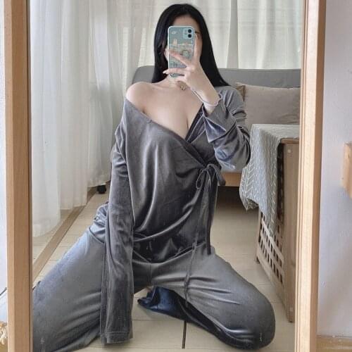 Sexy Deep V-neck Pajamas Set Women Long Sleeve Home Clothes Sleepwear Homewear Atoff Home Female Winter Velvet Warm Pijamas