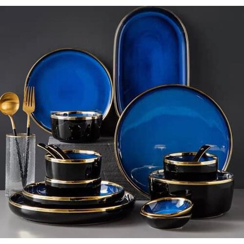 Blue Porcelain Dinner Plates Dishes Kiln glaze Ceramic Salald Soup Bowl Plates for Food Tableware Dining Set Dish for Restaurant