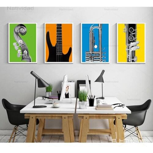 Modern Rock & Roll Musical Guitar Bass Trumpet Black White Canvas Painting Wall Posters Living Room Sofa Background Decoration