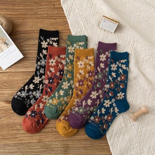 Comfortable Knit Combed Cotton Socks Women Fashion Retro Floral High Quality Student Socks Autumn Winter Street Casual New Socks