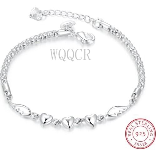 925 Silver color Double Angel Wings Heart Charm Bracelets For Women Fashion Crystal Sterling-silver-jewelry Pulseira Feminina