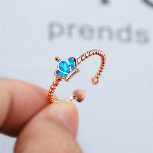 Cute Female Blue Opal Wedding Ring Charm Queen Rose Gold Color Adjustable Rings For Women Elegant Bridal Crown Engagement Ring