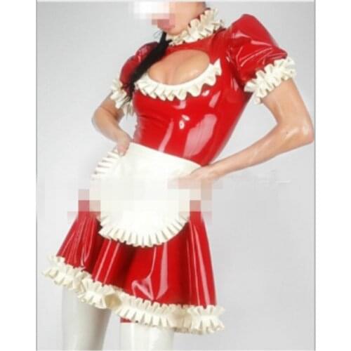 100% Latex red dress with apron Maid Costumes Latex Rubber Uniform Skirt without Leggings&Gloves sexy handmade Dress