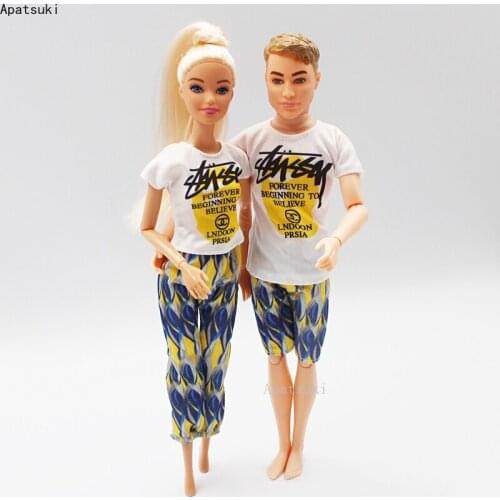2sets/lot Fashion Clothes Set for Barbie Outfits Couple Lover White T-shirt Pants Shorts for Ken Boy Dolls Accessories 1/6 Toys