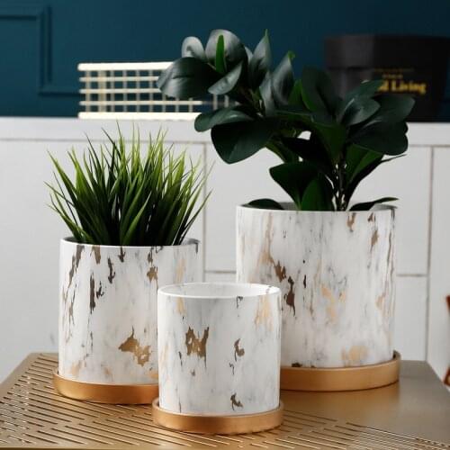Golden Marble Pattern Succulents Pot Plant Pot With Tray Ceramic Cylindrical Shape Flower Pot Home Christmas New Year Decoration