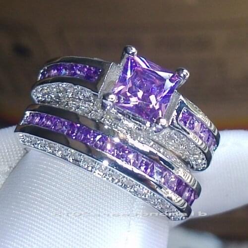 Professional wholesale Size 5-10 Luxury Trendy 10kt white gold filled Purple AAA CZ Simulated stones Wedding Ring Gift set
