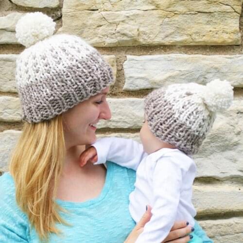2Pcs Mom Baby Fur Pompom Hats Warm Winter Crochet Knit Wool Beanie Caps For Women Boys Girls Boys Girls & Mom Hat Set Knitted