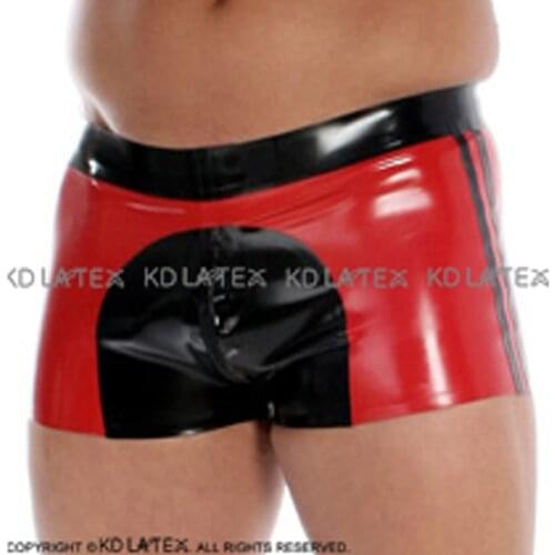 Red And Black Sexy Latex Boxer Shorts With Strips At Two Sides Crotch Zippers Underwear Rubber Boyshorts Bottoms DK-0182