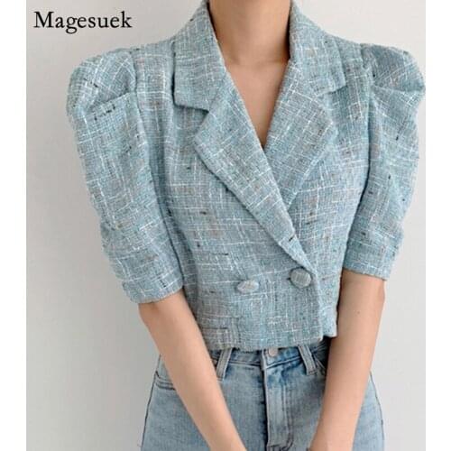 Summer Autumn Vintage Woman Jacket Suit Collar Puff Short Sleeve Plaid Women Coats Jackets Short Style Female Jackets New 15497