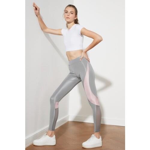Gray Color Blocky and Tulle Detailed Sports Leggings TWOAW20TA0043 % 90 Polyester 10 Spandex, Knitted Fabric