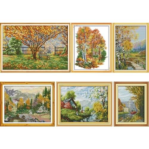 Counted Fabric Embroidery Needlework Cross Stitch Kits Autumnal Scenery Stamped Thread Gift DMC 11CT 14CT Printed DIY Decor Sets