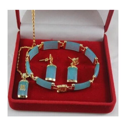 Blue Jade pendant necklace bracelet earrings Set
