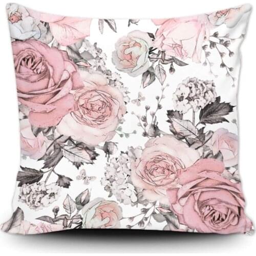 Throw Pillow Cover Gray Abstract with Pink Flowers and Leaves White Watercolor Floral Pattern Rose in Pastel Color Decorative