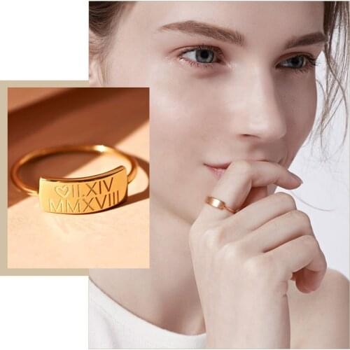 Chic Rectangle Signet Rings for Women, Customized Initial Name Stamp Wedding Band, Minimalist Stainless Steel Finger Jewelry