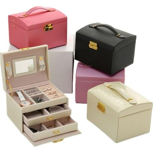 3 Layers Jewelry Box Large Capacity PU Leather Storage Jewelry Box Earring Ring Necklace with Mirror Watch Jewelry Organizer