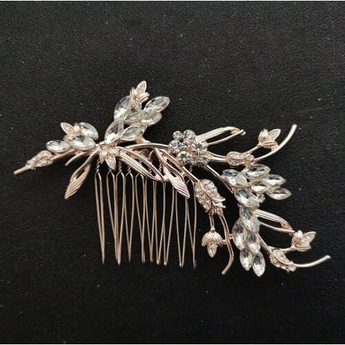 SLBRIDAL Handmade Alloy Rose Gold Crystal Rhinestones Wedding Hair Comb Bridal Headpiece Hair Accessories Women Fashion Jewelry