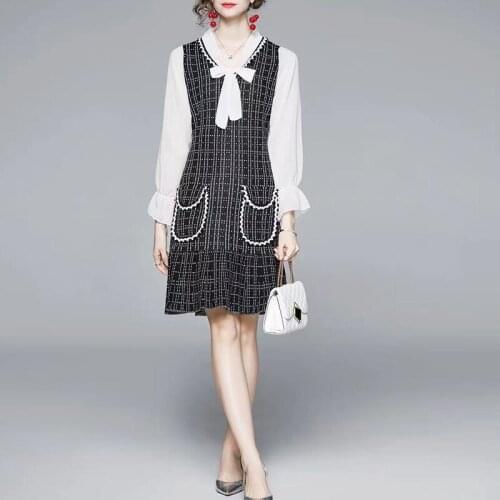 IVY HE High Quality Autumn Dress Woman Clothing Fashion Plaid Stitching Lace Up Fishtail Knit Midi Dress Vintage Party Dresses