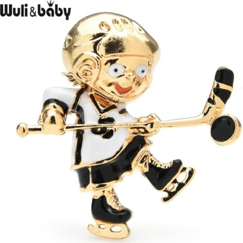 Wuli&baby Enamel Playing Ice Hockey Brooches For Women Men Sports Brooch Pins Gifts