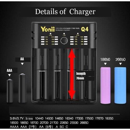 Yonii charger for 18650 rechargeable battery charger 3.7v charger for 14500 18500 18650 battery 4 slots charger for ni-mh 1.2v