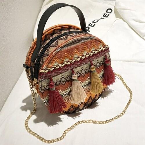 Women Messenger Bag PU Leather Bohemian Circular Tassel Geometric Plaid Handbag Cell Phone Pocket Female Messenger Bag