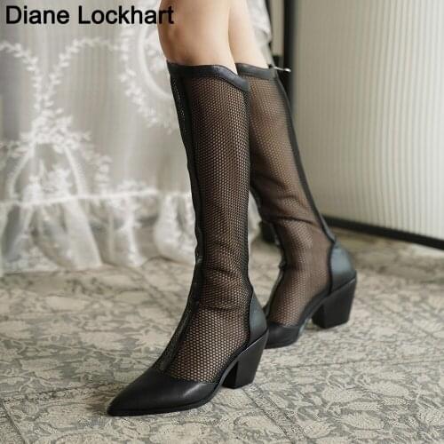Women Sandals Sexy High Heels Summer Nightclub Shoes Pointed Toe Luxury Mesh Fishnet Heels Socks Over The Knee High Boot Female