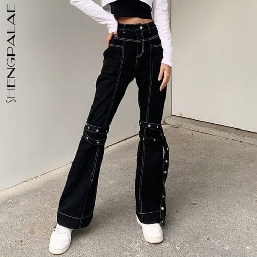 SHENGPALAE bandage decorative denim pants womens spring 2021 new high waist open line straight jeans female streetwear 5B519