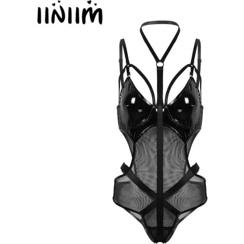Iiniim Women Ladies Leather Mesh Transparent Bodycon Patchwork Lingerie Sexy Bodysuit Catsuit Clubwear Costumes Parties Overalls