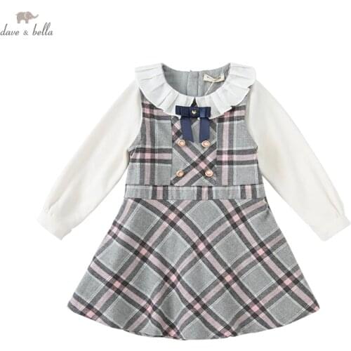 DKY19239-1 dave bella autumn girls fashion letter plaid print draped dress children sweet dress kids infant lolita clothes