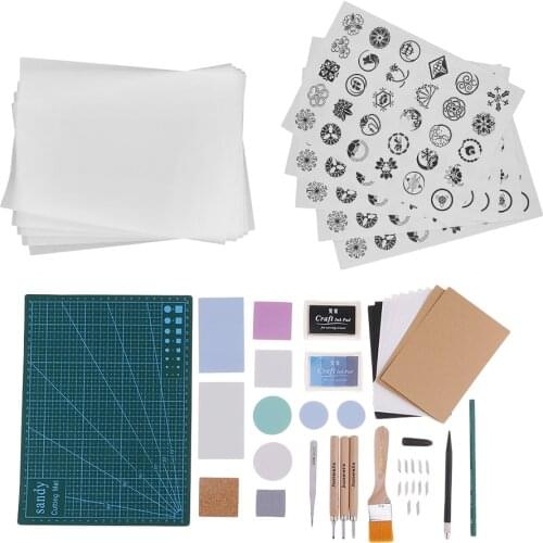 1 Set DIY Handmade Rubber Stamp Carving Block with Chisels Blades Cutting Mat Ink Pad Kit Carving Tool for Scrapbook Craft