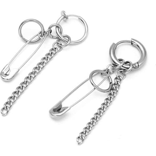 1pc New Cool Punk Style Hoop Earrings Hot Wholesale Hyperbole Pin Pendant Silver Color Clip Unisex Bijoux For Party Brincos gift