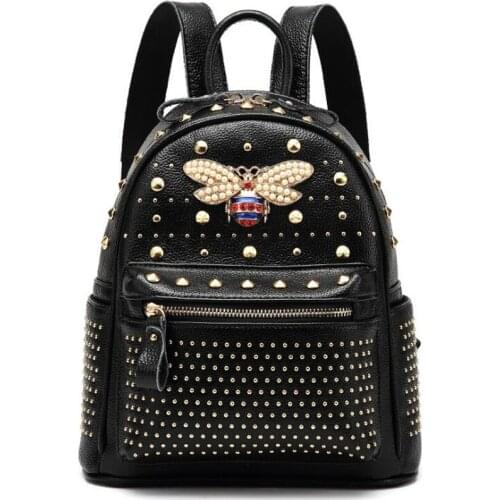 ANNRMYRS 2021 New Come Fashion Women Bag Diamond Bee Bags Pearl Rivet Travel Shoulder Bag PU leather School backpack Female Bag