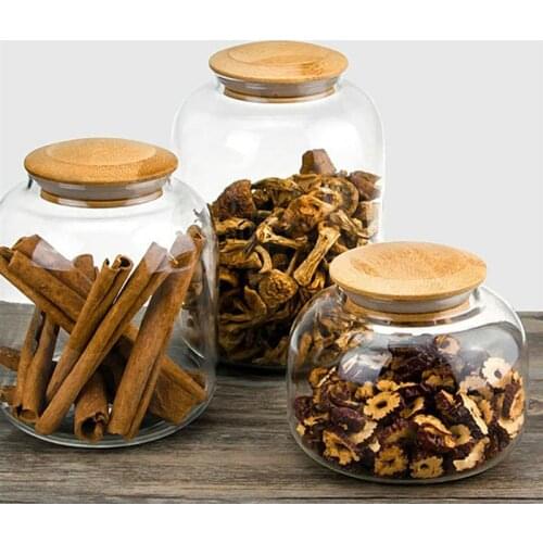 1Pc 550/900/1150ml Bamboo Lid Candy Jar High Borosilicate Food Grain Container Transparent Glass Storage Tank