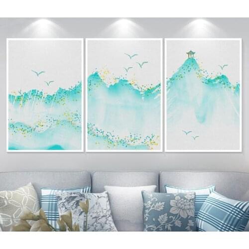 Unframed 3 Pieces/Set Water And Ink Painting Green Mountain Pavilion Ancient Chinese Painting Print Canvas Wall Art