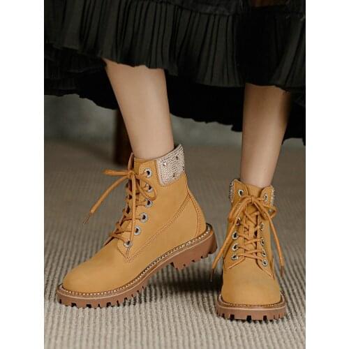 EshtonShero Genuine Leather Ankle Boots Womens Winter New Casual Womens Shoes Short Plush Flat Heel Woman Motorcycle Boots