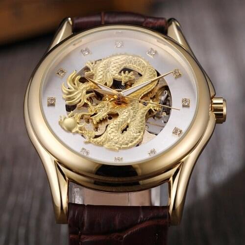 FORSINING Watch Men Automatic Mechanical Wristwatches Skeleton Dragon Leather Strap Mens Watches Gifts Clock Horloges Mannen