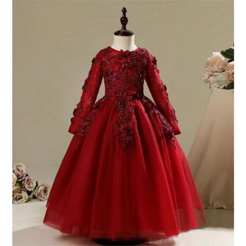 Elegant Red Tulle Appliques Flower Girl Dress For Wedding Long Sleeve Kids Party Prom Dress First Communion Dresses Princess