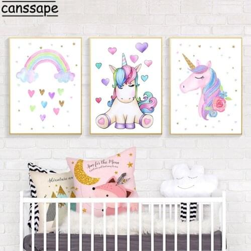 Unicorn Wall Art Nordic Kids Print Nursery Canvas Poster Rainbow Paintings Cartoon Poster Wall Pictures Baby Girl Room Unframed