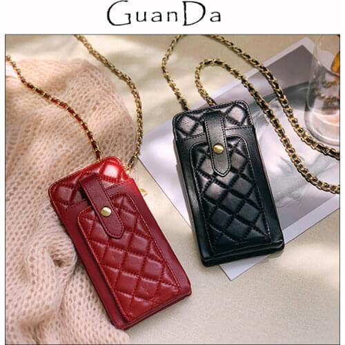Diamond Lattice Leather Purse Handbag Mobile Phone Wallet Card Case Crossbody Bag Small Chain Bag For Women
