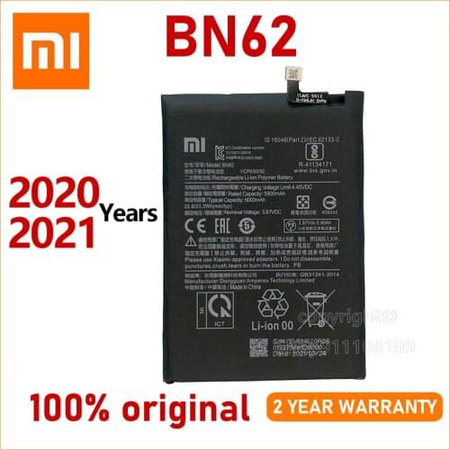 Xiao Mi New 100% Original 6000mAh BN62 Battery For Xiaomi Redmi Note9 4G Mobile Phone In Stock Batteries Batteria