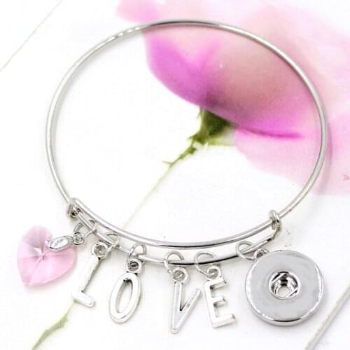 Liobonar Snap Buttons Charms Pink Crystal Heart Initial Valentine Bracelet Wire Snap Bangle Bracelets for women pulsera