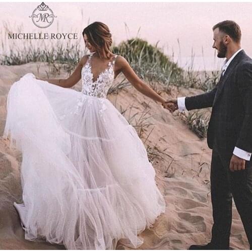 Michelle Royce A-Ling Wedding Dresses 2020 Sexy V-neck Sleeveless Appliques Button Chapel Train Bridal Gown Vestido De Noiva