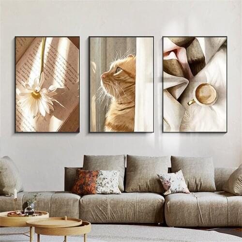 Nordic Cat Leaf Flower Plant Wall Art Poster Chrysanthemum Book Canvas Painting Cap Coffee Quality Time Art Print Home Decor