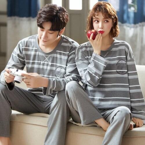 Autumn women Pajamas 2 pieces set Pants Long Sleeve Cotton Loose Simple Couple HomeWear tracksuits pyjama a rayure pijama mujer