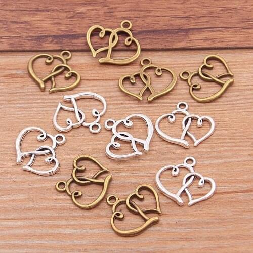30pcs 17*18mm 2 Color Metal Zinc Alloy Double Heart Charms Fit Jewelry Pendant For DIY Necklace Bracelet Jewelry Making Findings