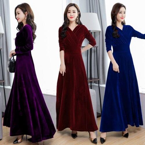 TingYiLi V Neck Long Dress Autumn Winter Long Sleeve Velvet Dress Black Blue Purple Green Burgundy Black Long Party Dress Women