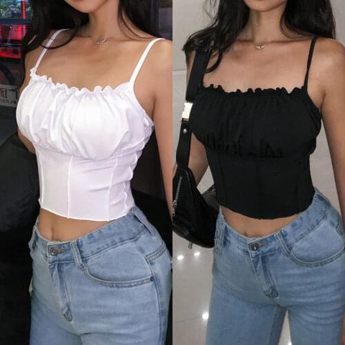 2019 New Style Women Camis Sexy Ladies Sleeveless Crop Top Cami Camisole Casual Solid Spaghetti Ruffles Short Summer Fashion