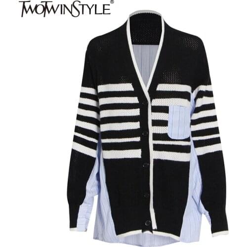 TWOTWINSTYLE Stripes Blouses For Women Colorblock Loose V Neck Long Sleeve Patchwork Knitting Shirts Female 2021 Autumn Clothing