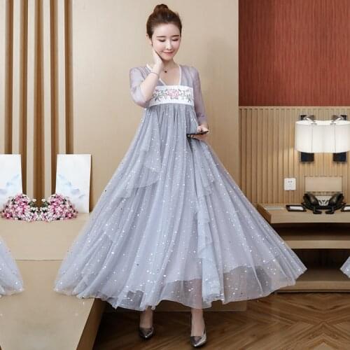 Chinese Style Vintage Mesh Stitching Embroidery Dress Sequined Swing Long Dress Women Fit and Flare Chiffon Party Dress Hanfu