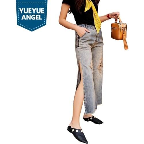 High Street Jeans Woman Ankle Length Wide Leg Slim High Waist Ripped Hole Side Split Denim Pants S-2XL Street Tassel Baggy Jeans